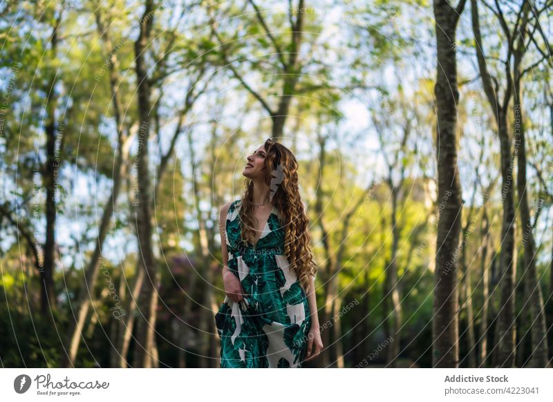 Stilvolle Frau geht auf der Promenade in einem üppigen Park spazieren schlendern Sonnenkleid traumhaft Anmut Vorschein Wald Natur feminin attraktiv Kleid