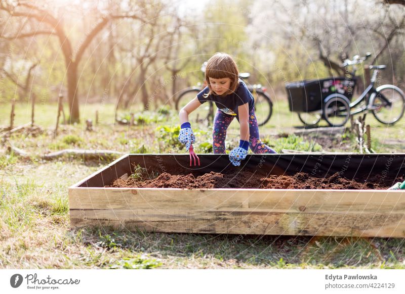 Süßes kleines Mädchen genießen Gartenarbeit in städtischen Gemeinschaftsgarten Bewässerung Gießkanne Wasser städtischer Garten Umweltschonung