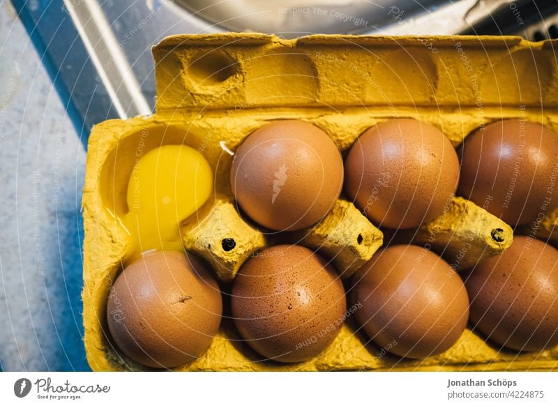 Eier im Eierkarton, ein Ei ist ausgelaufen Protein organisch roh keine Menschen Küche Lebensmittel frisch Gesundheit Eierschale essen Schachtel Karton