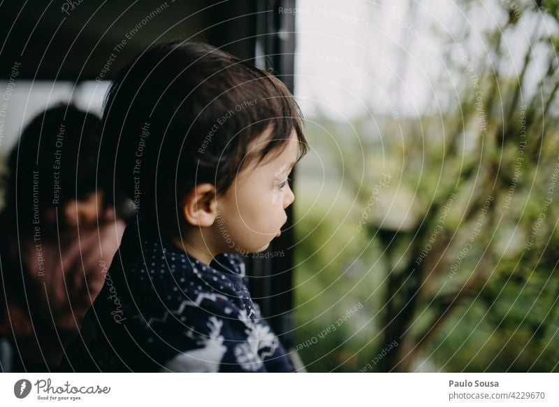 Kind schaut durch Fenster Junge 1-3 Jahre Kaukasier Blick Geschwister durch das Fenster Kindheit Mensch Kleinkind Farbfoto Bruder Tag Zusammensein Spielen