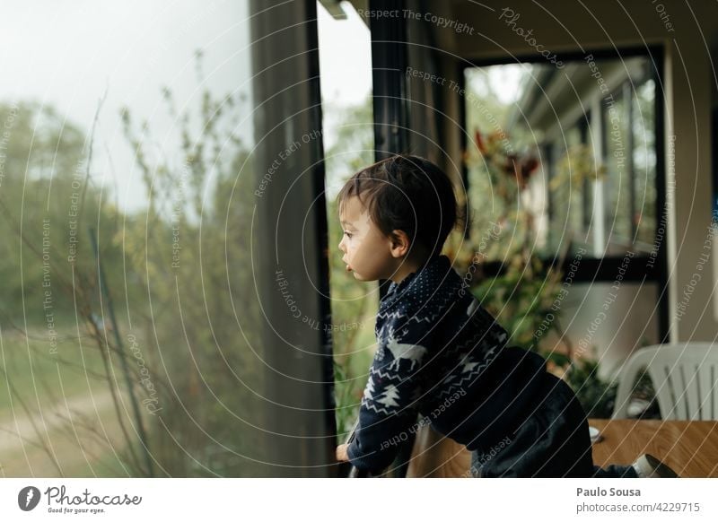 Kind schaut durch Fenster 1-3 Jahre Kaukasier Junge Blick durch das Fenster Seitenansicht regnerisch Frühling gelangweilt Innenaufnahme Lifestyle Tag Kindheit