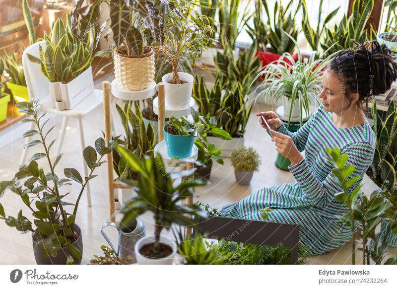 YoWoman fotografiert eine Topfpflanze mit ihrem Smartphone Floristik Pflege Gesundheit Blüte Gartenbau Flora botanisch Dekoration & Verzierung Botanik wachsen