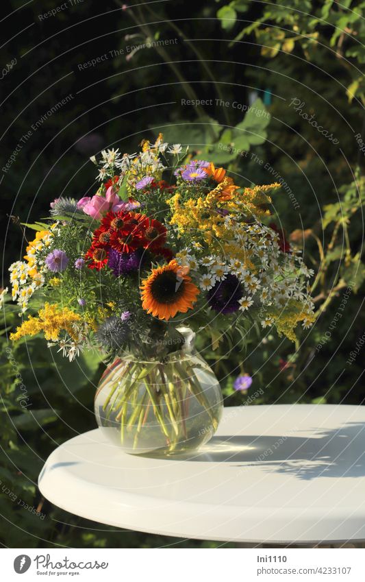 Blumenstrauß aus dem Garten Hochsommer Glasvase Duft Sommer bunt Tisch Astern Sonnenblumen Sonnenbraut Disteln Goldrute Mutterkraut Blumenschmuck Hobby