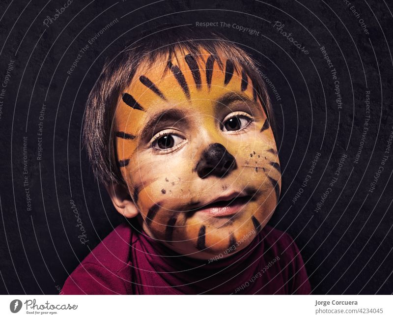 5 Jahre altes Mädchen mit selbstgemaltem Tigergesicht. Blick in die Kamera mit einem niedlichen Ausdruck Halloween Kind malen Freude Familie & Verwandtschaft