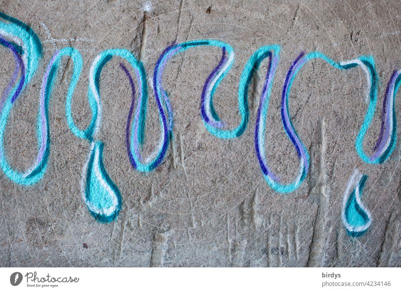 Graffiti, Schlangenmuster und Tropfen in Blautönen auf grauer Betonwand Schlangenlinie abstrakt Jugendkultur Kurven türkis blau lila Wasser symbolisch