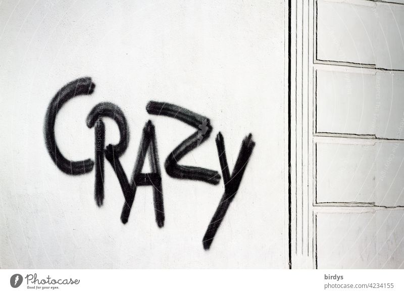 Crazy , schwarzes Grafitti auf weißer Hauswand crazy verrückt Schriftzeichen Graffiti englisch ungewöhnlich durchgeknallt anders universell wertend beschreibend