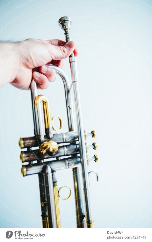 Musikinstrument - die Trompete Blasinstrument Hand musizieren Musiker Freizeit & Hobby Instrument glänzend silber elegant üben