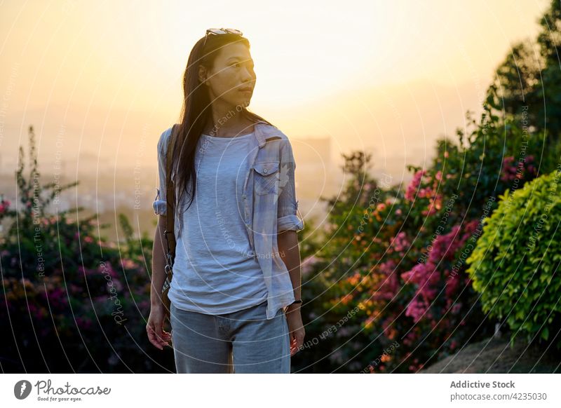 Asiatische Frau geht im Garten spazieren Model asiatisch Chinesisch eine Person Spaziergang genießen sich[Akk] entspannen Sonnenuntergang sonnig Natur Gras