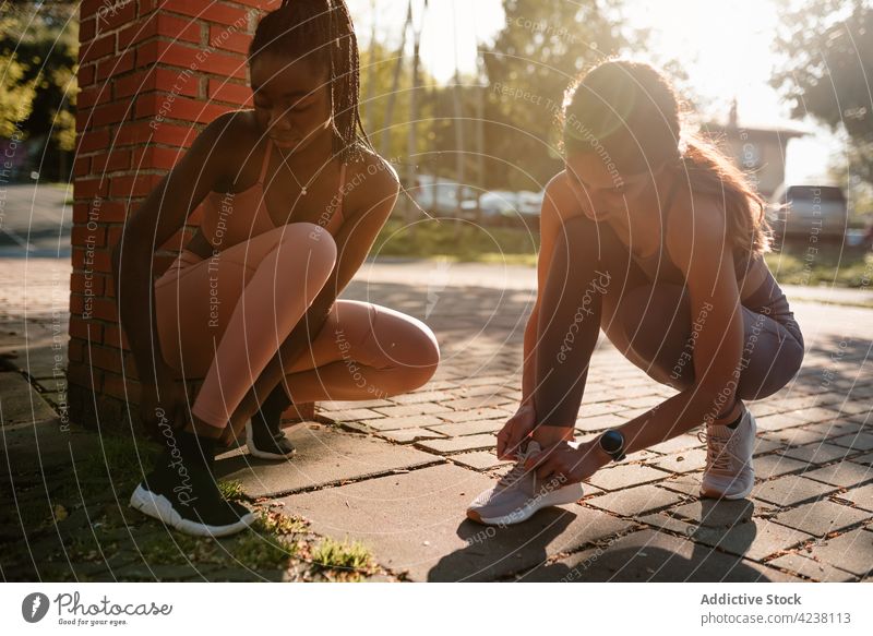 Multirassische Sportlerinnen, die ihre Turnschuhe anziehen, bevor sie in der Stadt trainieren angezogen Krawatte vorbereiten Körper passen Straßenbelag Frauen