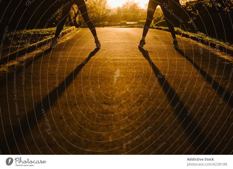 Crop unerkennbar Läufer stehen im Park bei Sonnenuntergang Sportlerinnen Training passen Straße Sonnenlicht Schatten Frau Zusammensein Frauen Sommer