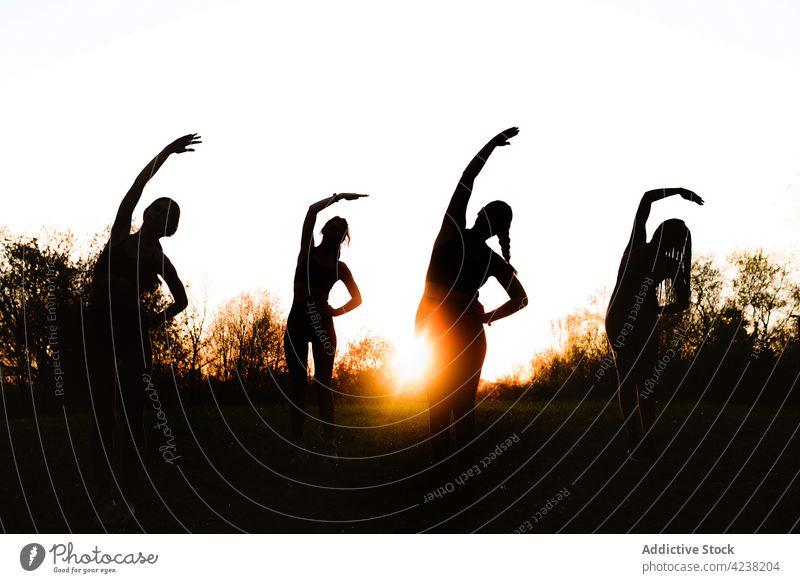Unbekannte Sportlerinnen trainieren gemeinsam im Park Dehnung Silhouette Training Aufwärmen Sonnenuntergang Menschengruppe Wegbiegung Zusammensein Frau Frauen