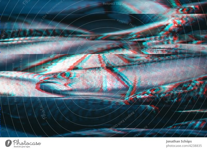 tote Fische zum Verkauf auf dem Markt mit Glitch Effekt Menschenleer Farbfoto glitch effect Anaglyph fehler bunt hintergrund digital muster panne pixelkunst