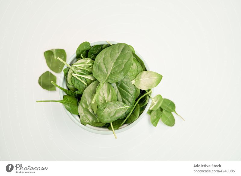 Frische Spinatblätter in einer Schüssel auf weißem Hintergrund Blatt Gemüse gesunde Ernährung Vegetarier natürlich Produkt organisch frisch Schalen & Schüsseln