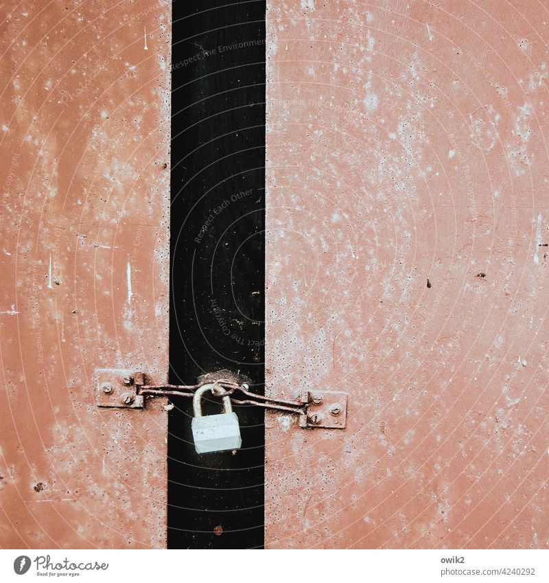 Russische Technik Schloss Vorhängeschloss alt Tür rötlich Geräteschuppen Sicherheit ausgeblichen Nahaufnahme Zahn der Zeit Vergänglichkeit Außenaufnahme Metall