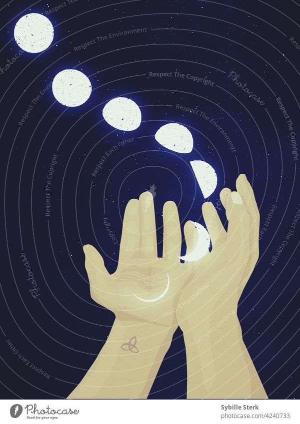 Mondphasen, die aus schalenförmigen Händen mit Nachthimmel fließen Romantik romantisch Mond- Luna triskel hohle Hände Raum Zauberei u. Magie magisch Phantasie