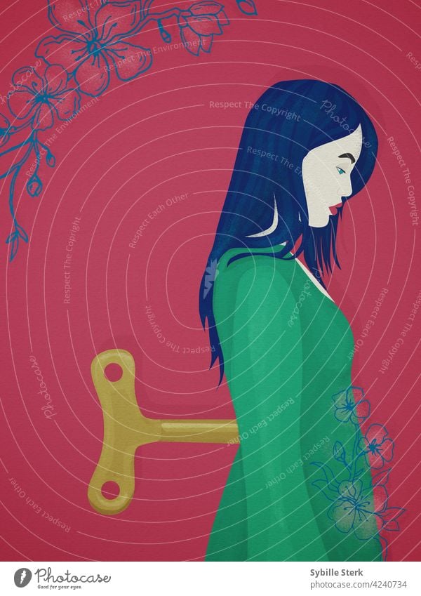 Junge Frau mit einem Aufziehschlüssel im Rücken asiatische Frau konzeptionell blaue Haare kirschblüte goldener Schlüssel Puppe grünes Kleid surreal Uhrwerk