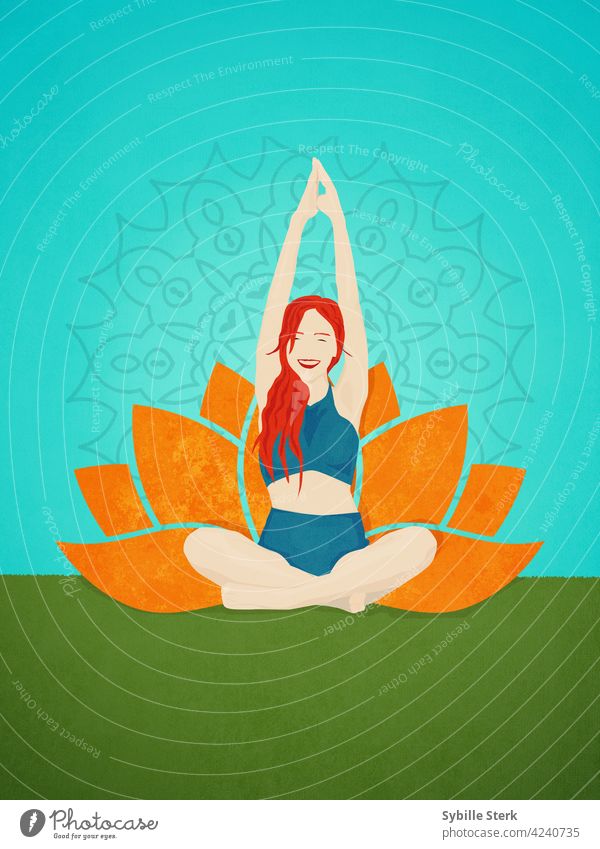 Lachende Frau im Lotussitz mit Lotos und Mandala hinter ihr rote Haare Junge Frau Yoga Freude Meditation eingedenk außerhalb Östlich Übung Fröhlichkeit