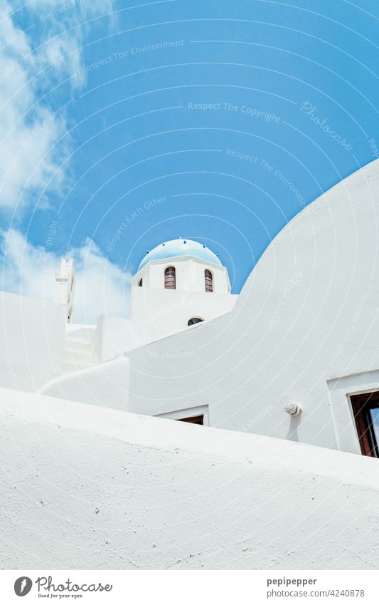 Santorin Griechenland Außenaufnahme Farbfoto blau Insel Meer Mittelmeer Kykladen Ägäis Menschenleer Caldera Dorf Schönes Wetter weiß Tag Kirche