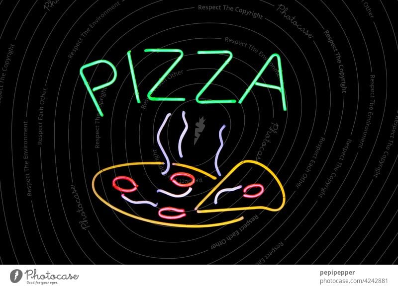 PIZZA Neonschild Pizza Pizzateig pizzastück Pizzasalami pizzadienst Pizzastücke Pizzascheiben Pizza essen Lebensmittel Abendessen Mahlzeit Italienisch
