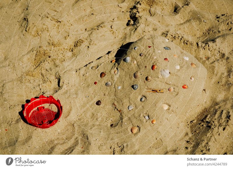 rotes Siebchen und Muscheln am Strand Sandburg spielen Urlaub Familienurlaub Erholung erholen Ferien & Urlaub & Reisen Sommer Meer Spielen Außenaufnahme