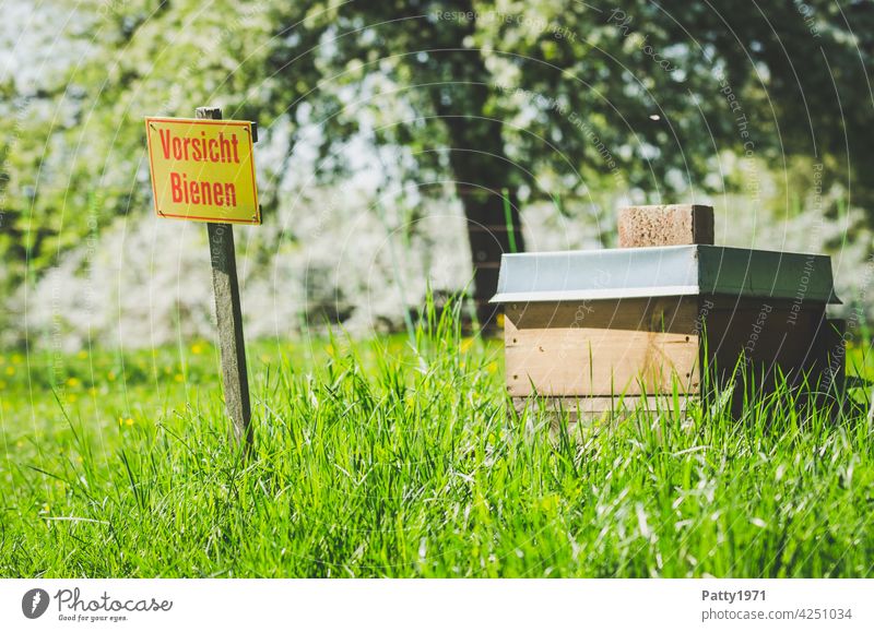 Empfehlung | Auf einem Warnschild vor einem Bienenstock auf grüner Wiese steht "Vorsicht Bienen" Bienenzucht Insekt Natur Imkerei Garten draußen natürlich