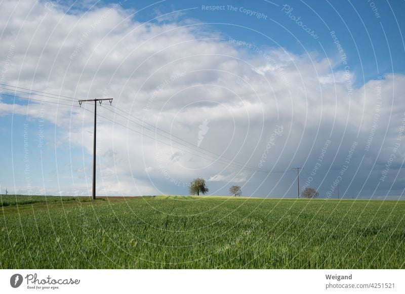Stromleitungen auf dem Land Energiewende Elektrizität Landschaft Frühling Wolken Strommasten Politik Nachhaltigkeit