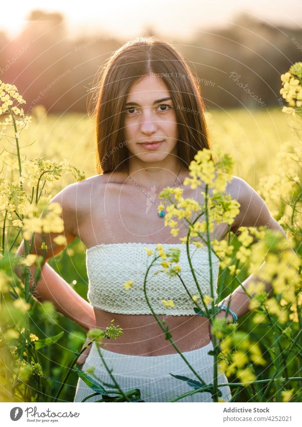 Frau stehend auf grünem Feld freudig Stil Blüte Sommer Natur sorgenfrei sonnig Raps feminin Blütezeit Gelassenheit emotional attraktiv schön Angebot sensibel