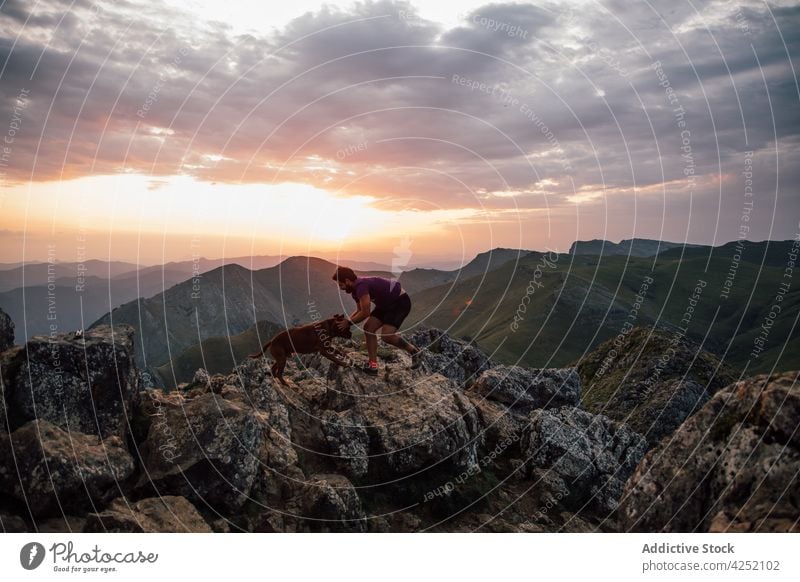 Mann mit Hund auf hohem Berggipfel Gipfel Klippe Berge u. Gebirge Wanderung Liebe Streicheln Zusammensein Freund Hügel Abend Himmel Cloud Sonnenuntergang