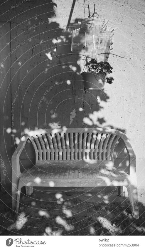Ausgeflogen Fensterplatz Schwarzweißfoto Sonnenlicht Bank Kunststoff Detailaufnahme Kontrast Licht einfach Sommer Vergangenheit Baumschatten Laubbaum Blätter