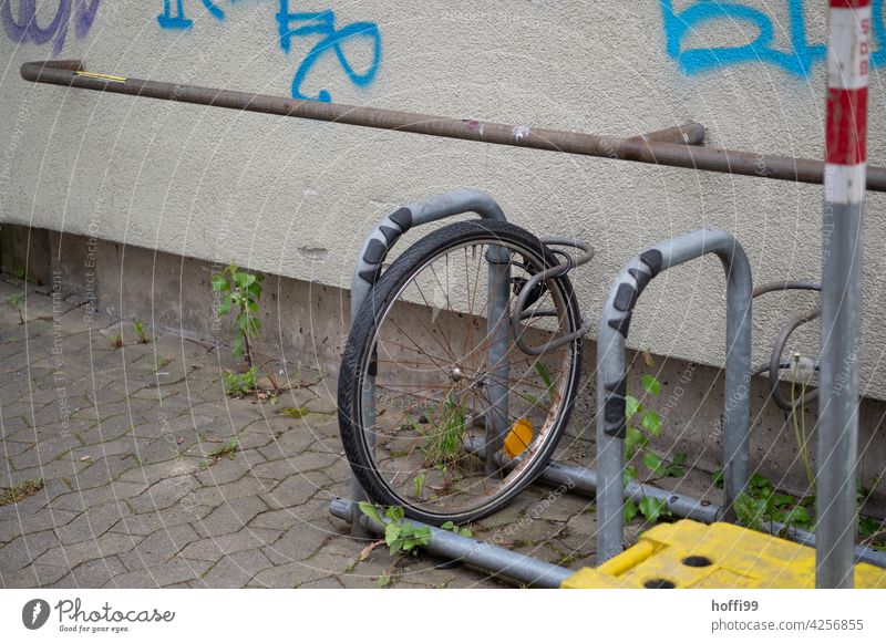 das vergessenen angeschlossene Rad - der Rest ist gestohlen Diebstahl Diebstahlsicherung Fahradständer Fahrraddiebstahl Fahrradständer klauen