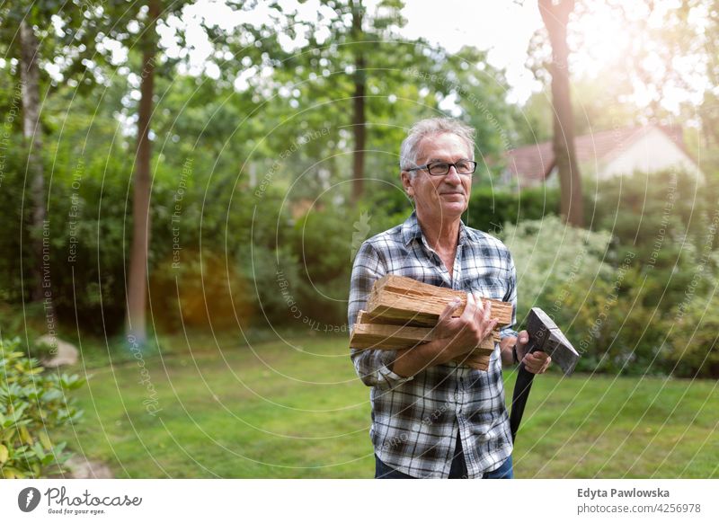 Älterer Mann schneidet Baumstämme, arbeitet im Garten Senior alt Männer männlich heimwärts Haus Menschen Lifestyle genießend zu Hause häusliches Leben