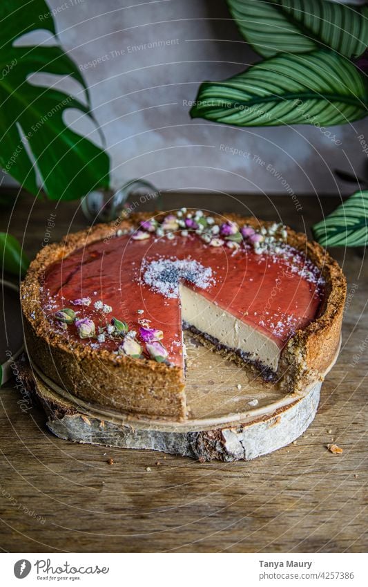 gebackener veganer Käsekuchen mit Mohnblumensirup Torte Dessert Kuchen Studioaufnahme Foodfotografie Essen Stillleben organisch selbstgemacht
