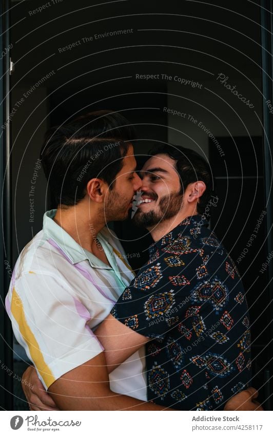 Inhalt ethnische Schwule im Moment des Kusses zu Hause Paar Partnerschaft Liebe heiter Vergnügen gleichgeschlechtlich Männer Porträt schwul Lächeln