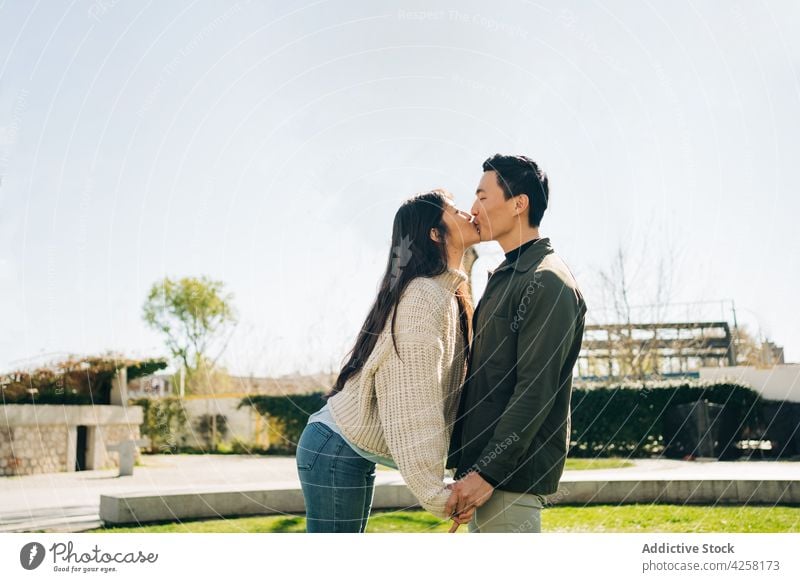 Romantisches junges asiatisches Paar hält Hände und küsst sich im Park Kuss Händchenhalten Liebe Partnerschaft Bonden romantisch Termin & Datum Zusammensein