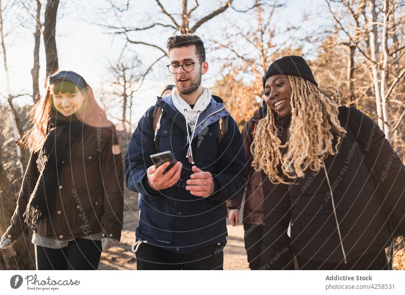 Gruppe verschiedener Wanderer, die mit ihrem Smartphone eine Route suchen Mann Frauen Freund benutzend Suche Wald navigieren Anschluss zuschauen männlich heiter