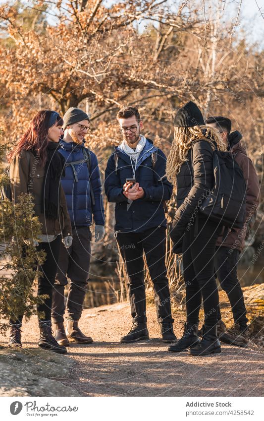Gruppe verschiedener Wanderer, die mit ihrem Smartphone eine Route suchen Männer Frauen Freund benutzend Suche Wald navigieren Anschluss zuschauen männlich