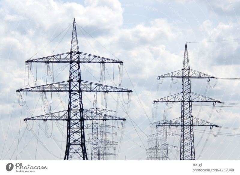 Stromtrassen - viele Strommasten hintereinander und nebeneinander vor bewölktem Himmel Stromversorgung Energie Energiegewinnung Energietransport