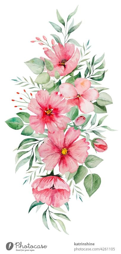 Aquarell rosa Blumen und grüne Blätter Bouquet Illustration botanisch Dekoration & Verzierung Zeichnung Element Laubwerk Garten handgezeichnet vereinzelt