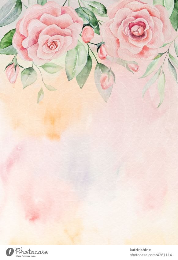 Aquarell rosa Blumen und grüne Blätter Karte Illustration botanisch Dekoration & Verzierung Zeichnung Element Laubwerk Garten handgezeichnet vereinzelt Ornament