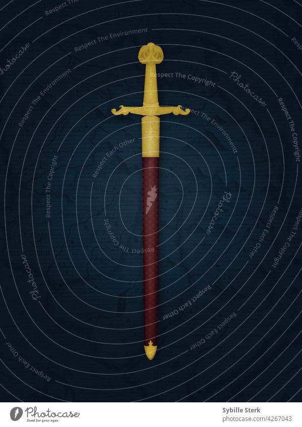 Schwert mit komplizierten Details auf einer mittelalterlichen Karte mittelalterliches Schwert kompliziertes Schwert Goldenes Schwert Königsschwert Waffe