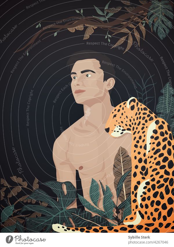 Junger Mann im Dschungel mit Leopard gut aussehender Mann nackter Mann Pflanzen wild Wildnis Gefahr Abenteuer im Freien Tarzan gutaussehend attraktiv männlich
