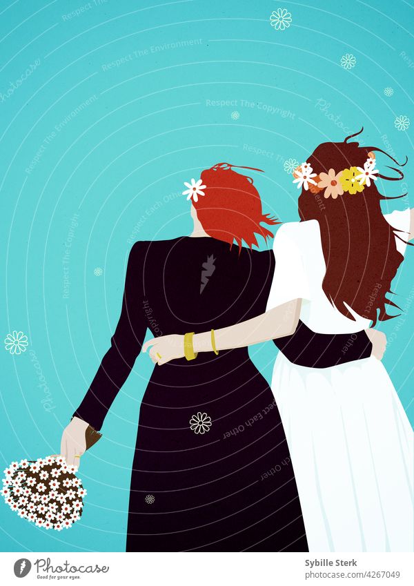 Schwule Hochzeit - zwei Frauen im Brautkleid mit Blumen schwule Hochzeit gleichgeschlechtliche Hochzeit Heirat Blumenkranz rote Haare braune Haare Freunde