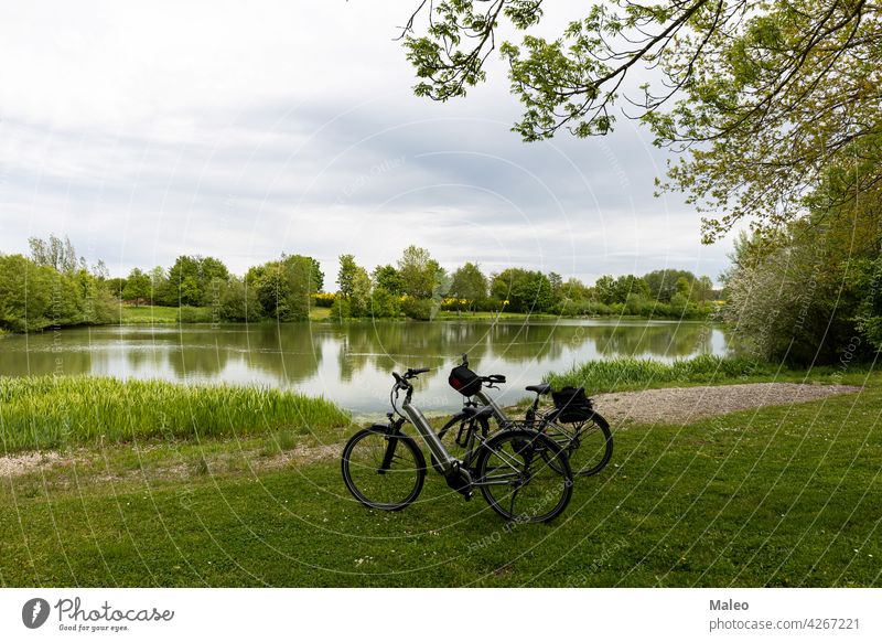 Fahrräder stehen am Ufer eines kleinen Sees Aktivität Erwachsener Herbst Strand schön Fahrrad blau Boot Großstadt Küste Radfahrer Europa hafen Hafen Landschaft