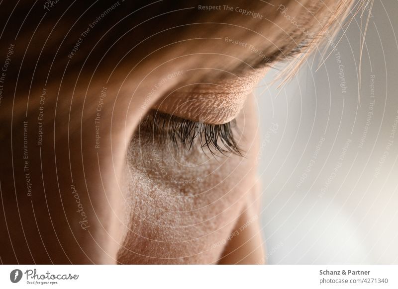 geschlossenes Auge in Nahaufnahme Augenlid Nahausnahme Frau weiblich Wimpern nachdenklich Gesicht Haut Augenbraue Detailaufnahme Meditation Ruhe