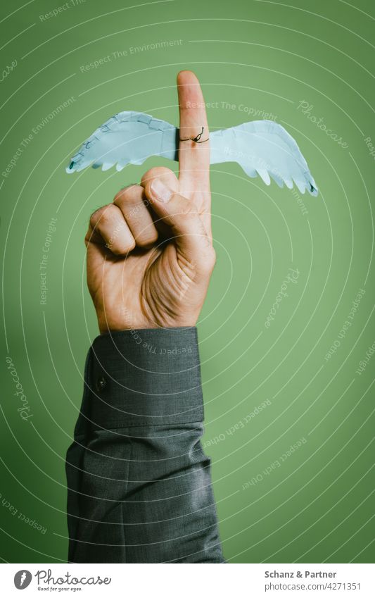 Zeigefinger Schutzengel zeigen Finger Engel flügel Warnung Ratschlag Verkleidung hinweis schützen beschützen Hand Daumen Männerhand