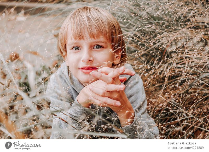 Porträt niedlich kühlen blonden kaukasischen Glücklich lächelnden kleinen Jungen in lässigen grauen Hoodie sitzen im hohen Gras vor dem Hintergrund der Natur.