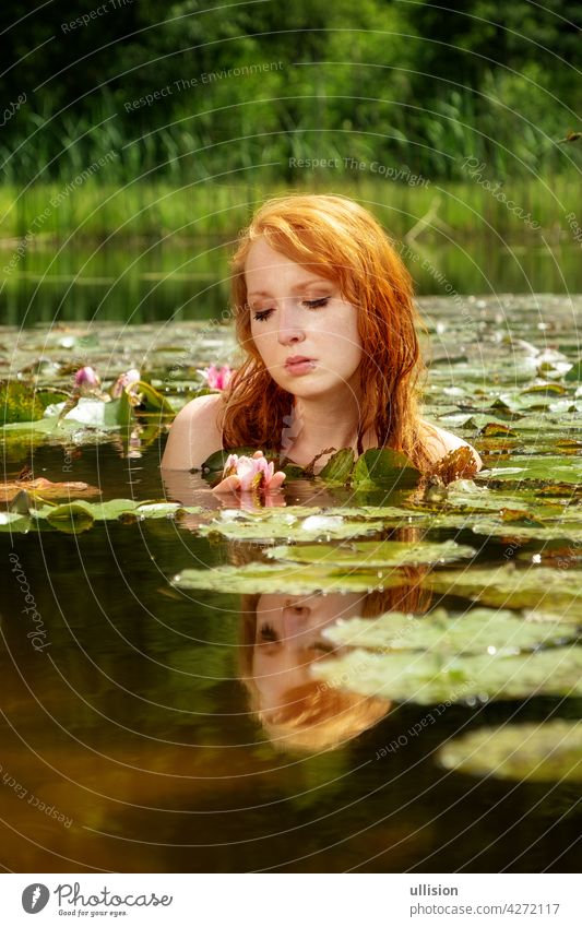 Zarte junge sexy rothaarige Frau genießt sinnlich verführerisch im Wasser, Teich, auf einer rosa Seerosenblüte. Porträt rote Haare Fluss Reflexion & Spiegelung