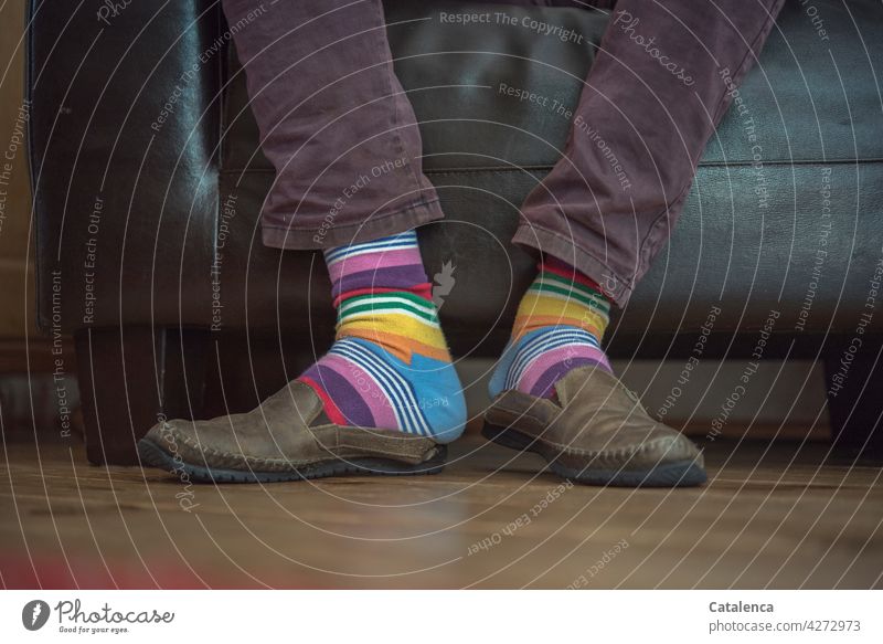 Farbcontest | Geschmacksache Beine Hose Strümpfe Ringelstrümpfe Schuhe Füße Bekleidung Sessel Ledersessel sitzen Holzboden Dielembretter Mode Bunt Mensch Tag