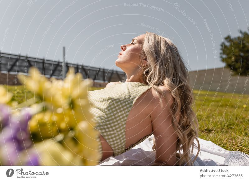 Frau liegend auf Plaid in sonnigem Tag Kälte sich[Akk] entspannen Natur Landschaft Rasen sorgenfrei friedlich Blume Augen geschlossen ländlich grasbewachsen