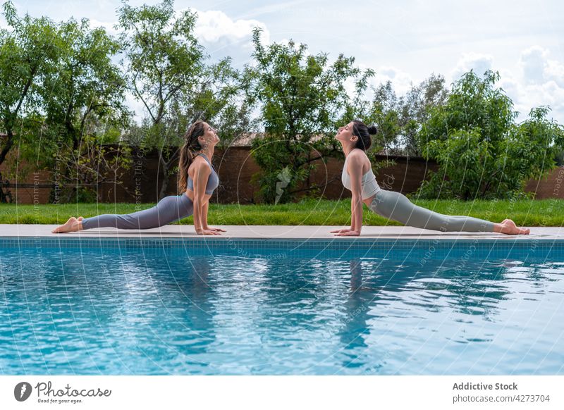 Freundinnen üben Yoga in Cobra-Pose am Pool Frauen Gruß Gesunder Lebensstil Wohlbefinden Energie Vitalität Kobra-Pose Rasen Lächeln bhujangasana genießen